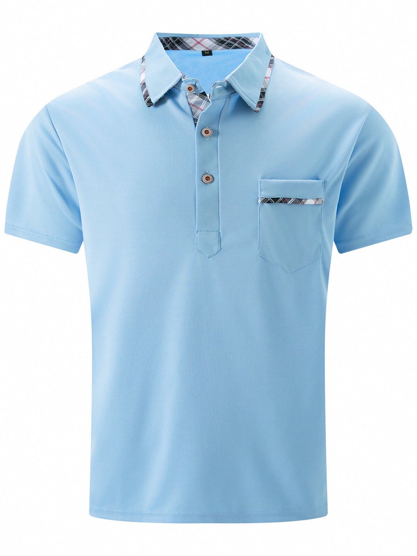 mens-bird-eye-polo-fabric-breathability
Macro detail of lightweight breathable bird-eye textured fabric, ideal for hot days

Light blue polo shirt with plaid collar and pocket on a white background