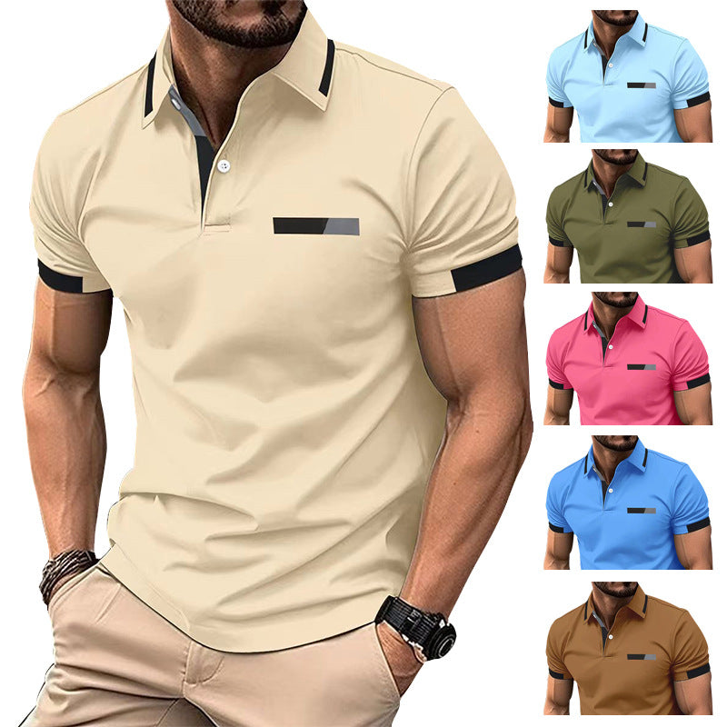 mens-casual-polo-shirt-khaki-front
Men’s khaki short sleeve polo shirt with striped collar detail, perfect summer casual look
Man wearing a beige polo shirt with color options displayed below.