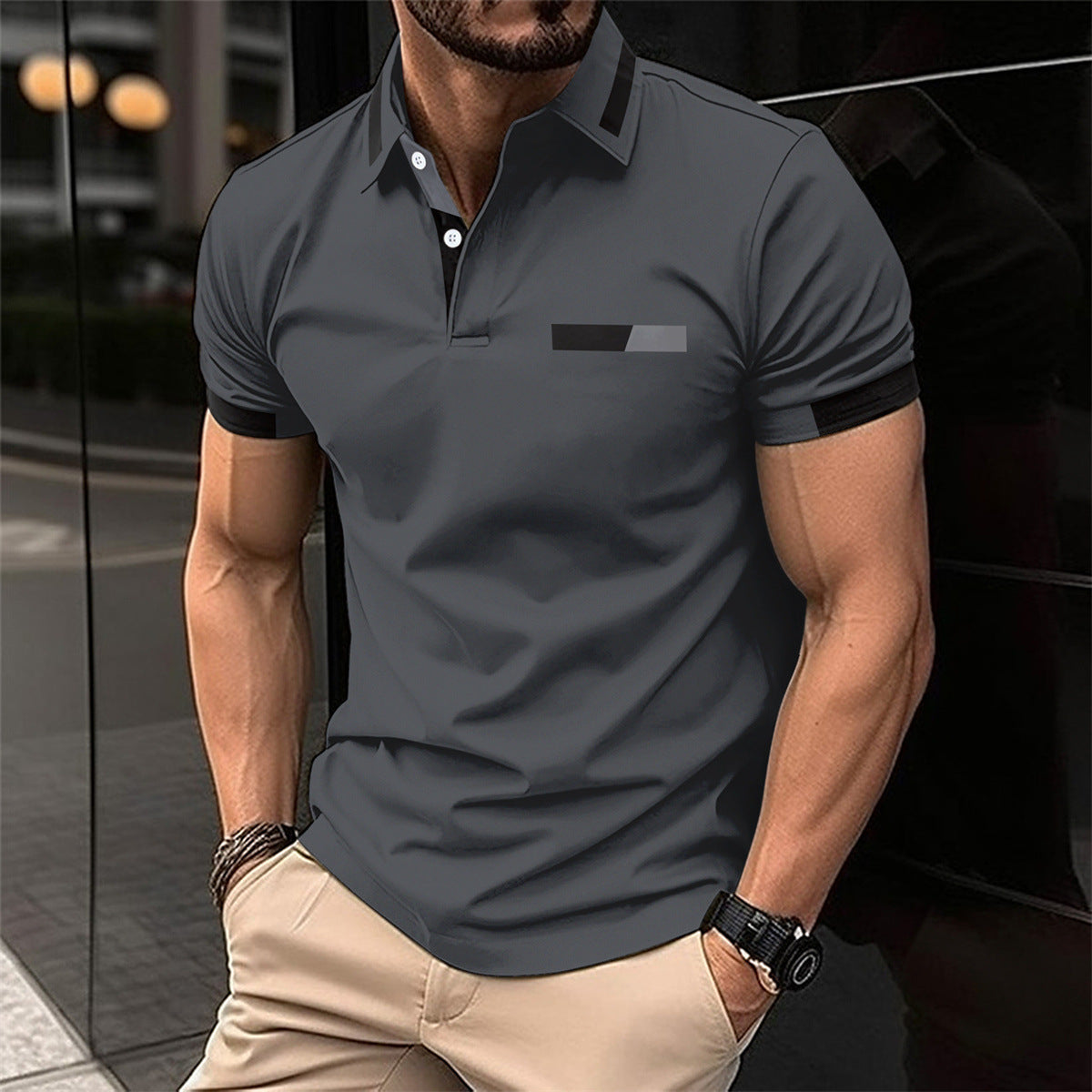 mens-polo-shirt-fabric-breathability
Macro shot showing lightweight breathable polyester fabric texture Man wearing a gray polo shirt with black accents in an urban setting