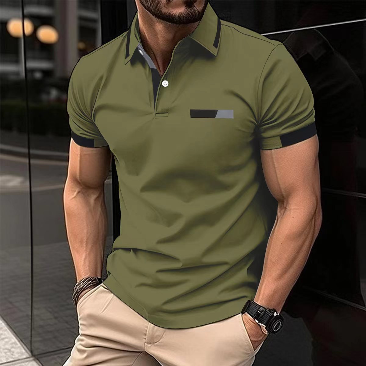 mens-polo-tshirt-light-gray-back-view
Back view of light gray casual polo shirt showing clean regular fit
army-green-polo-shirt-with-shorts
Army green polo shirt paired with beige shorts and sneakers, relaxed summer style Man wearing a green polo shirt with black accents in an urban setting
