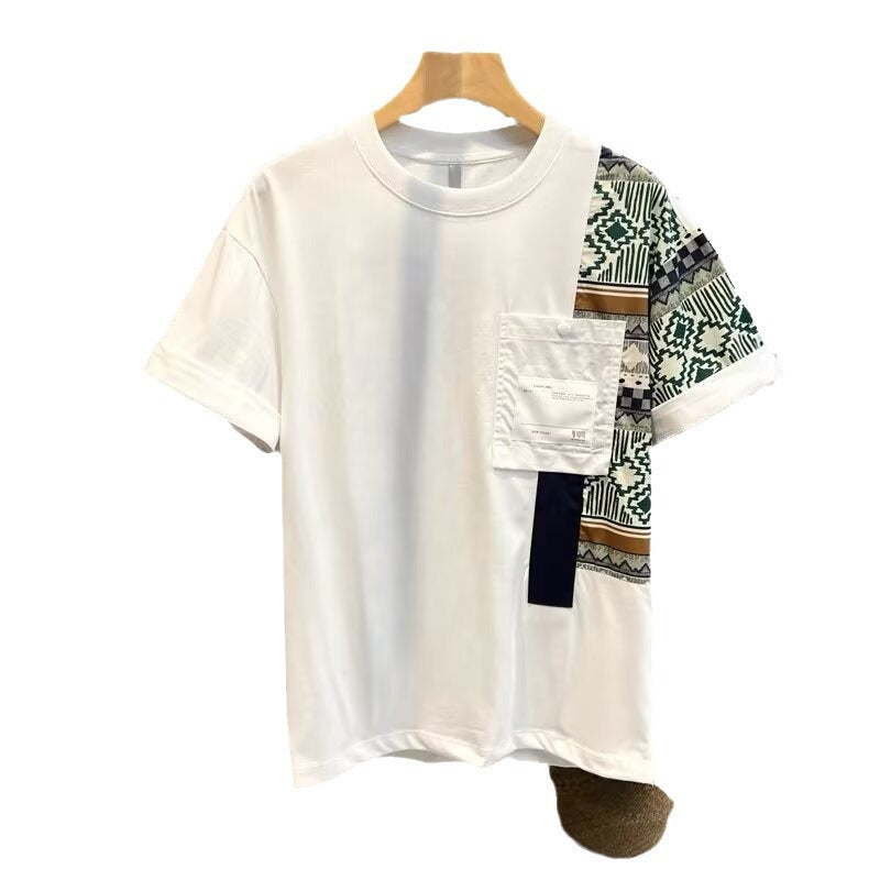 mens-slim-fit-camo-tee-all-colors
Both colors side-by-side: white & black men’s geometric camo patch short sleeve T-shirt

White t-shirt with patterned sleeves and pocket on a hanger against a white background