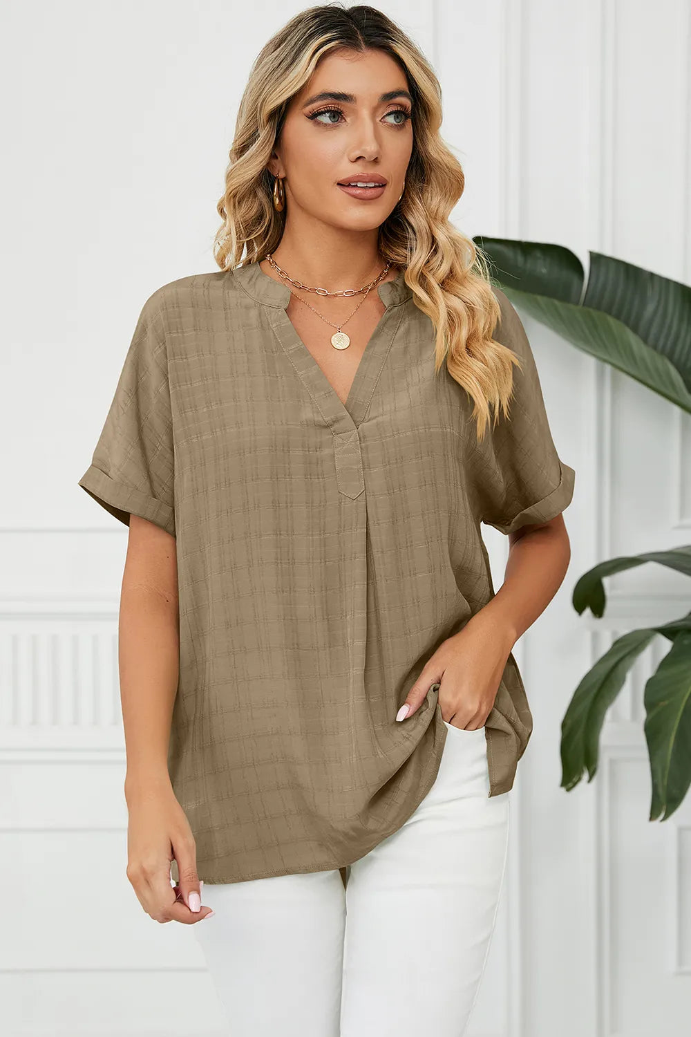 Olive green ruched notched short sleeve blouse front view relaxed women's summer fashion top