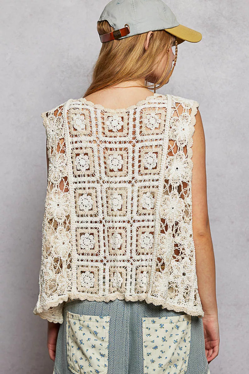  Back view of openwork crochet vest showing relaxed fit and scalloped hem

