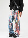 Baggy jeans men's abstract art print dark blue wide leg denim S-2XL
