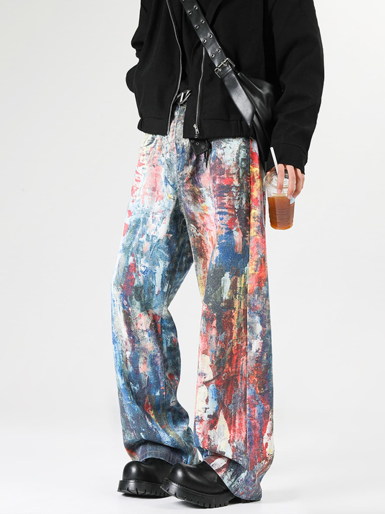 Baggy jeans men's abstract art print dark blue wide leg denim S-2XL