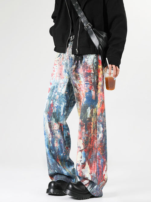 Baggy jeans men's abstract art print dark blue wide leg denim S-2XL