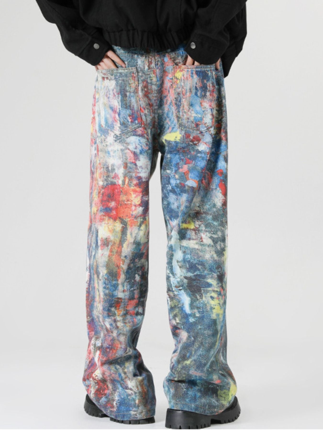 Baggy jeans men's abstract art print dark blue wide leg denim S-2XL