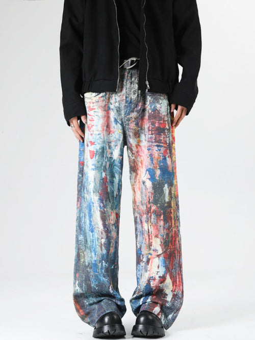 Baggy jeans men's abstract art print dark blue wide leg denim S-2XL