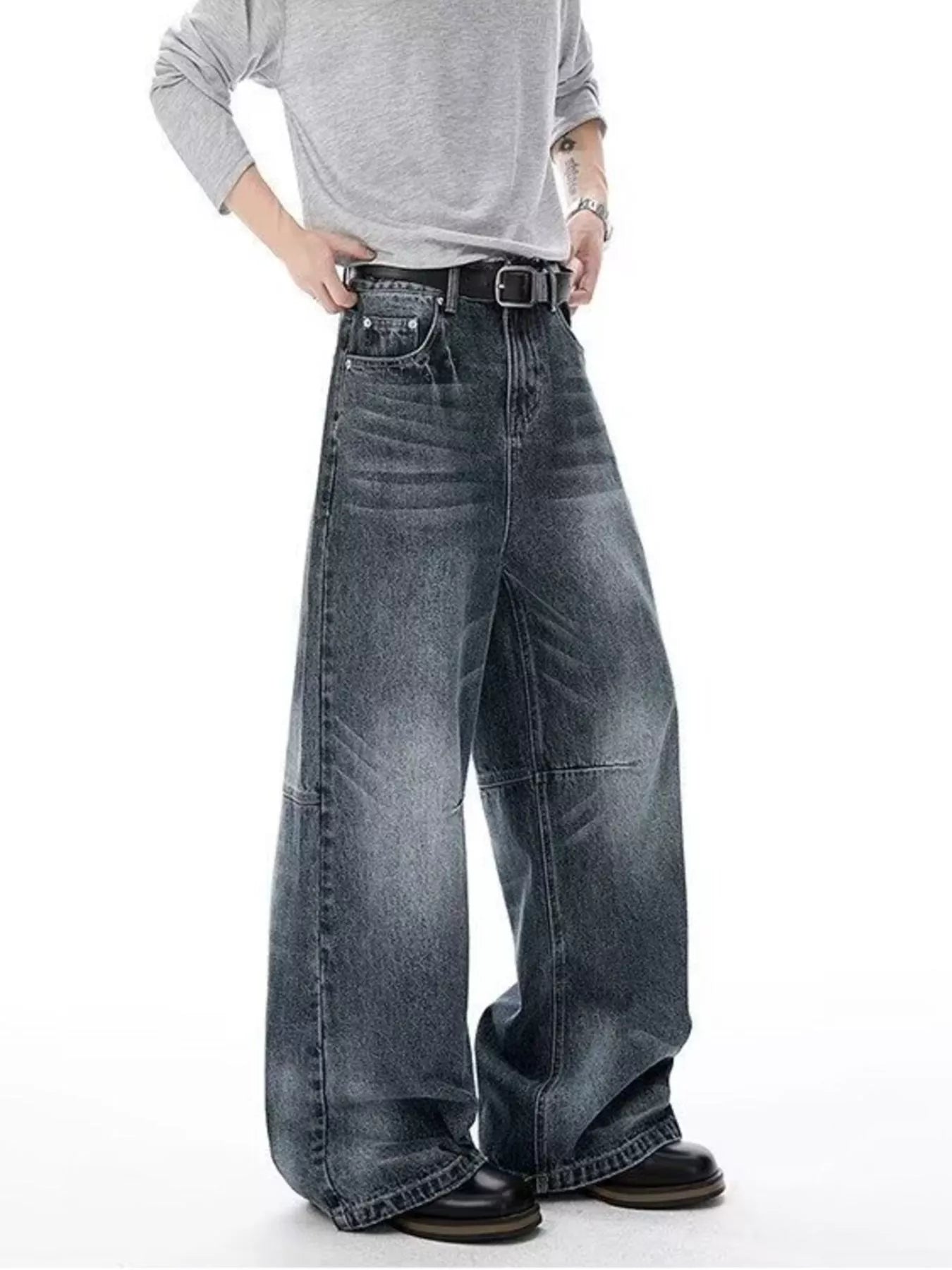 Belted wide leg jeans men's plus size Blue Gray S-2XL