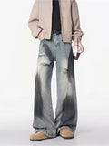 Belted wide leg jeans men plus size distressed denim M-3XL