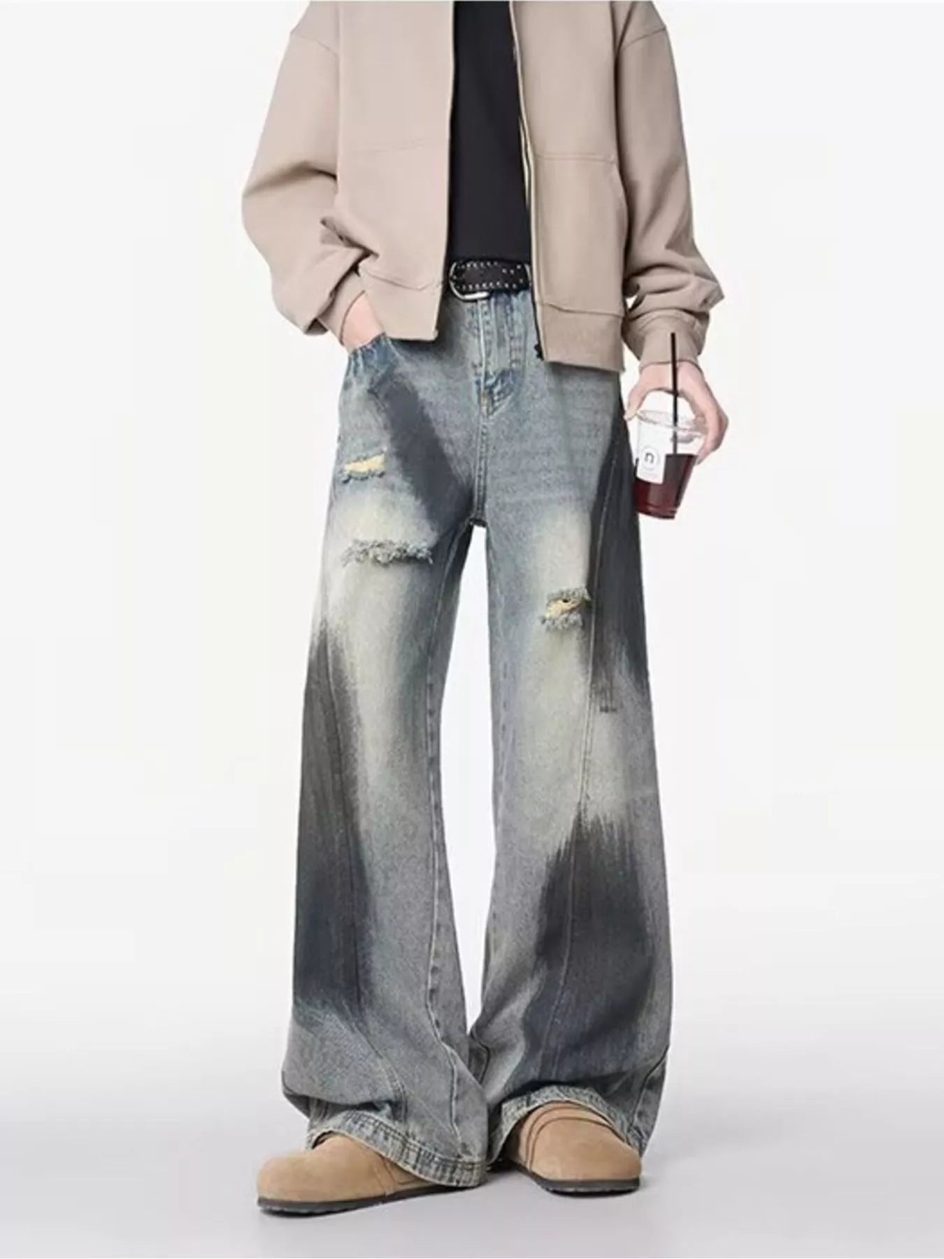 Belted wide leg jeans men plus size distressed denim M-3XL