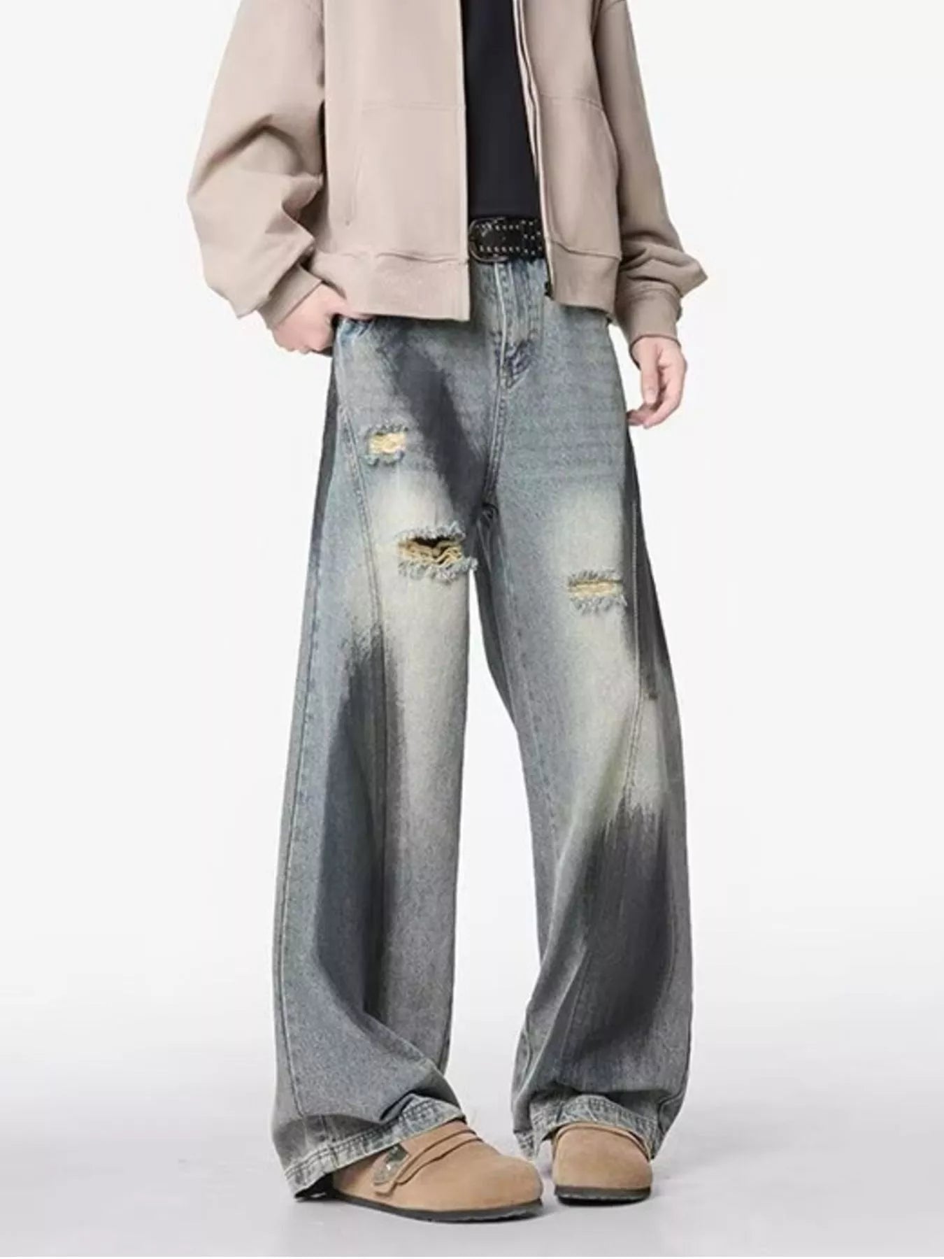 Belted wide leg jeans men plus size distressed denim M-3XL