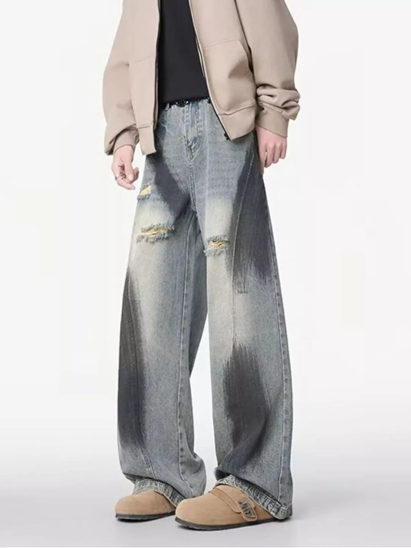 Belted wide leg jeans men plus size distressed denim M-3XL