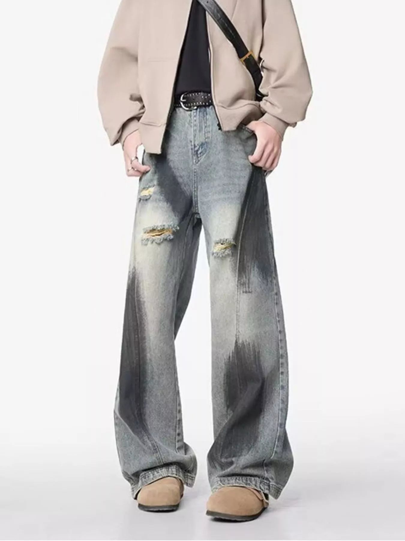Belted wide leg jeans men plus size distressed denim M-3XL