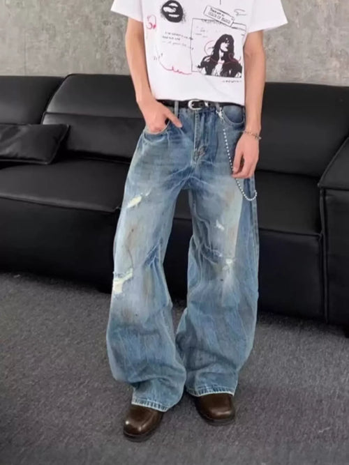 Best mens jeans plus size distressed wide leg chain detail