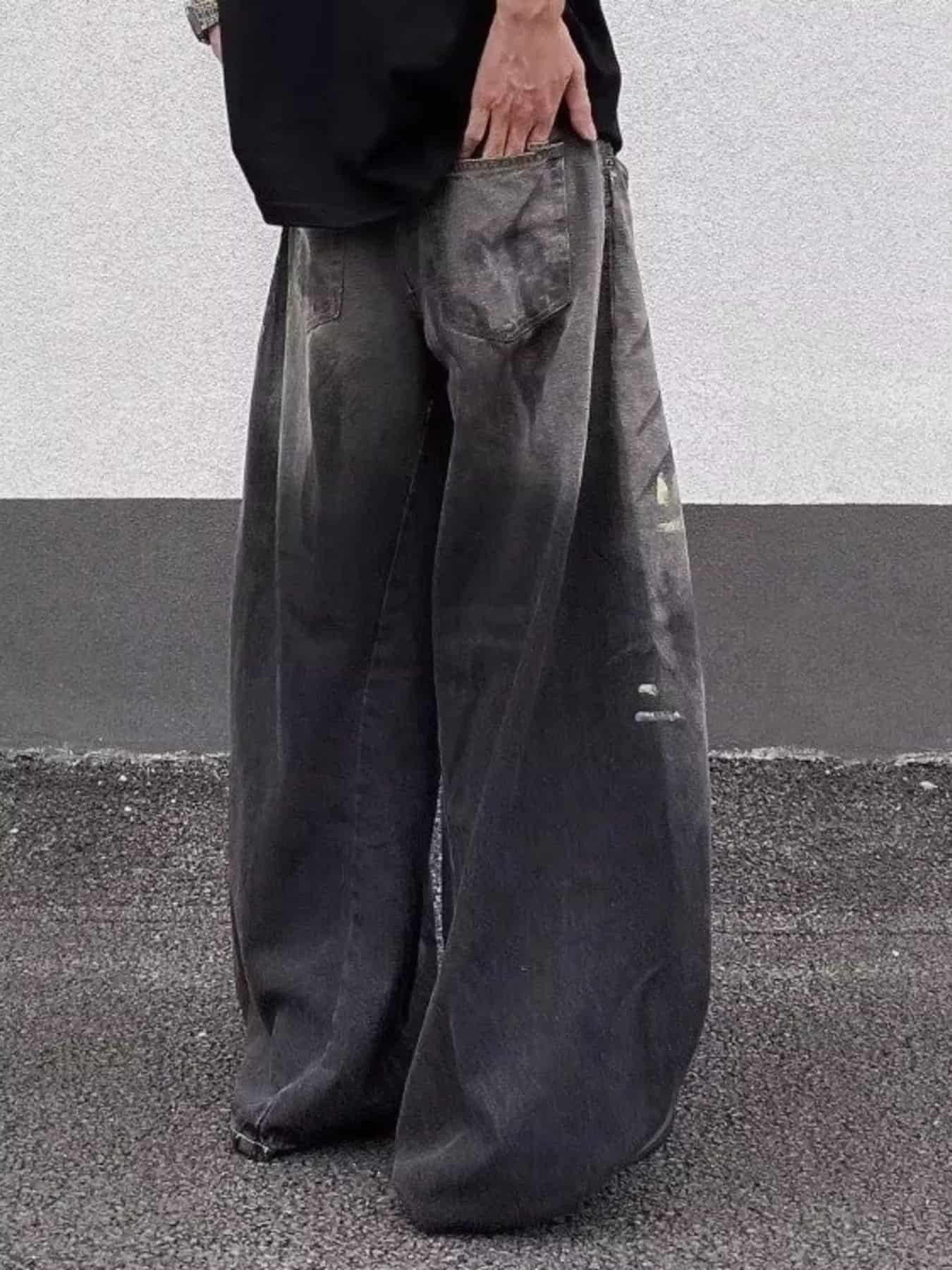 Black distressed jeans men's plus size wide leg S-2XL