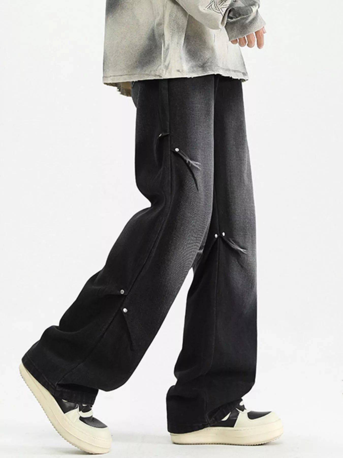 Black ripped jeans mens gradient wide leg full size S-3XL