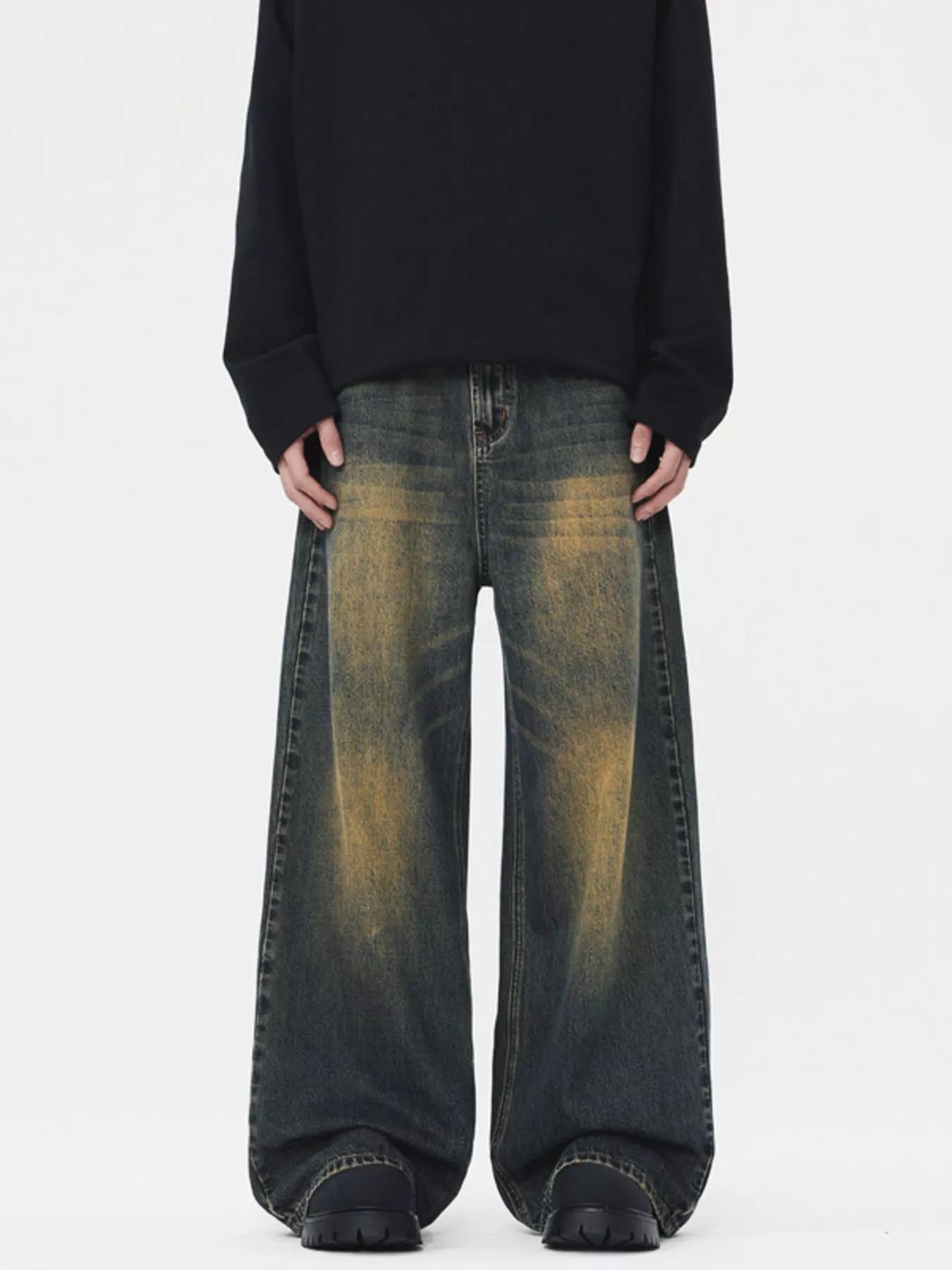 Black washed jeans men's vintage wash wide leg S-2XL