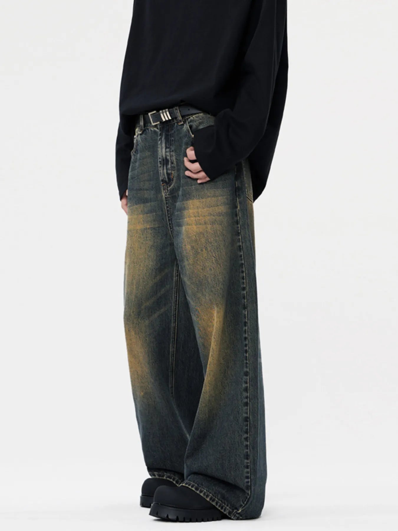 Black washed jeans men's vintage wash wide leg S-2XL