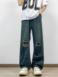 Black wide legged jeans men's oversized distressed plus size S-2XL