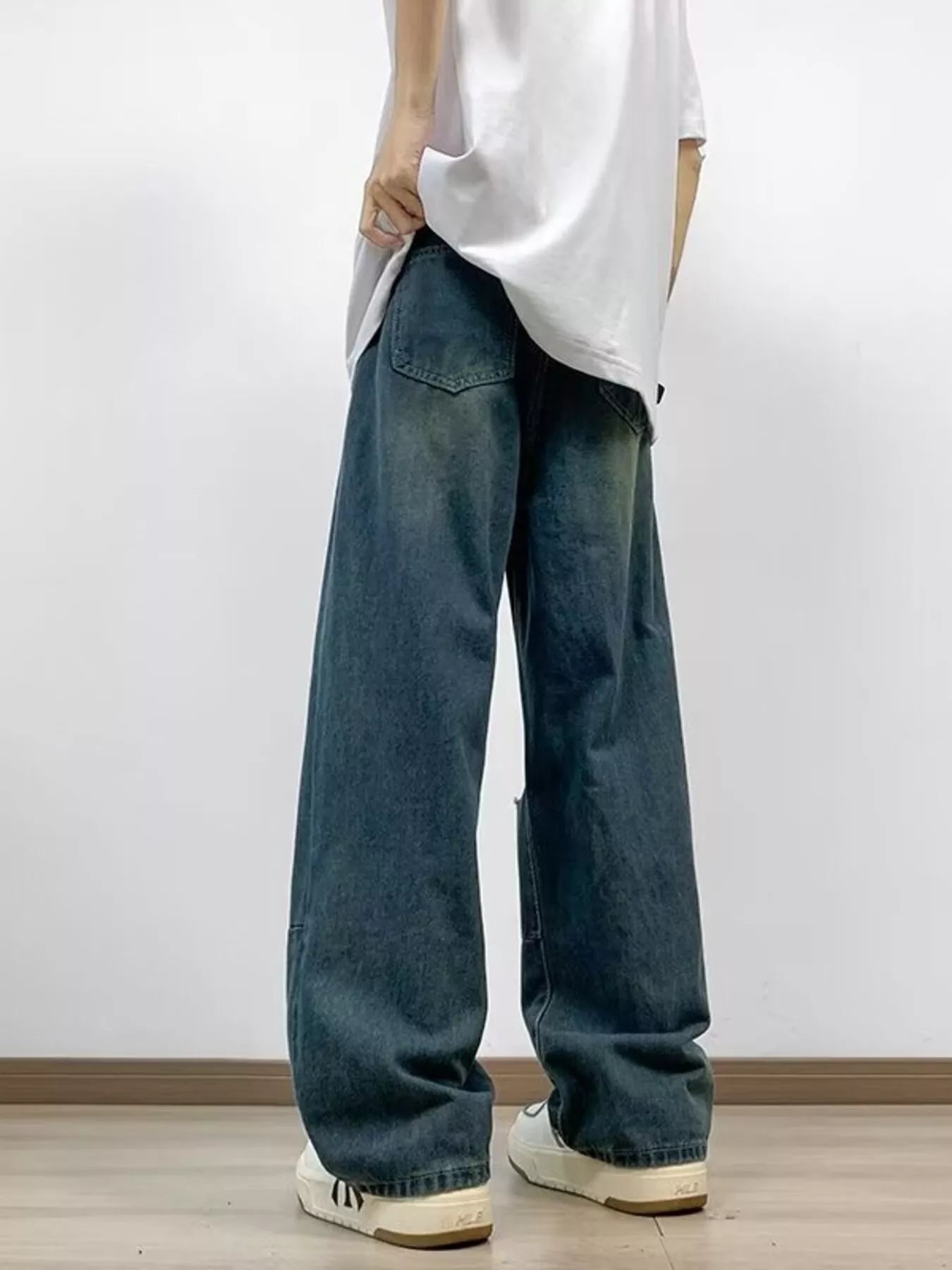 Black wide legged jeans men's oversized distressed plus size S-2XL