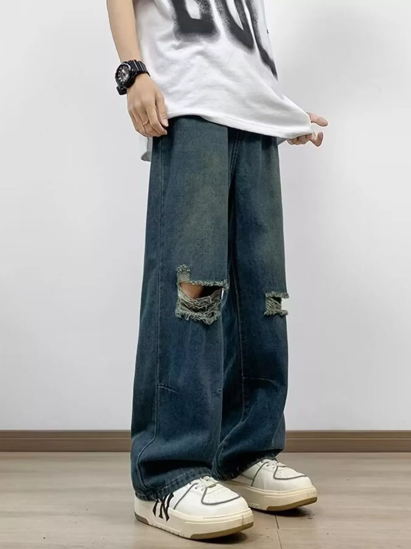 Black wide legged jeans men's oversized distressed plus size S-2XL