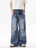 Blue ripped wide leg jeans men plus size denim S-2XL