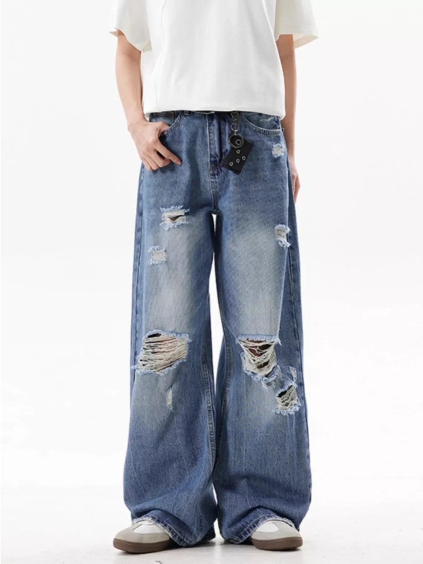 Blue ripped wide leg jeans men plus size denim S-2XL