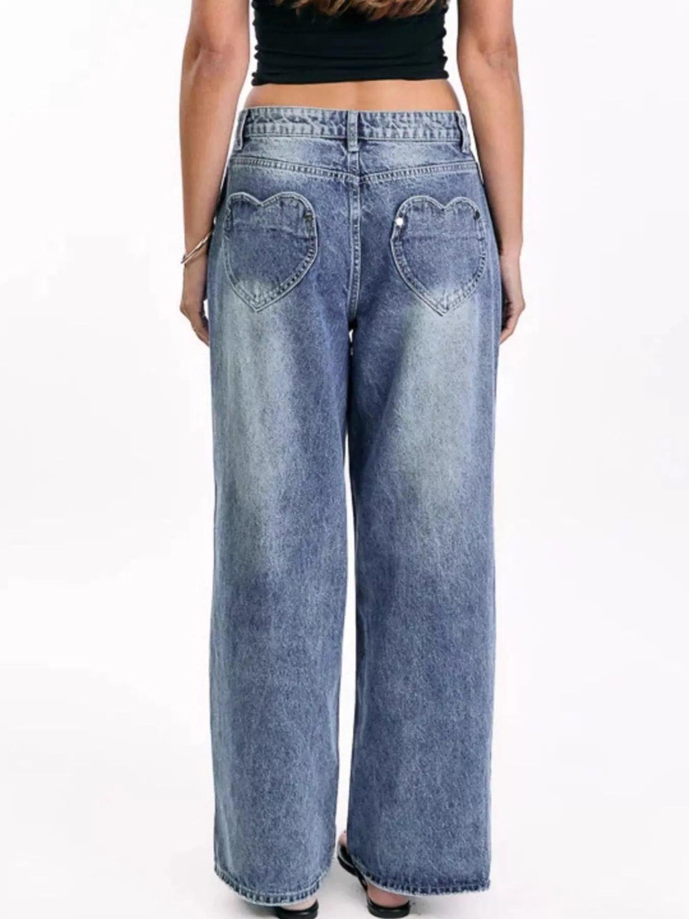 Blue straight leg jeans women's pocketed buttoned denim