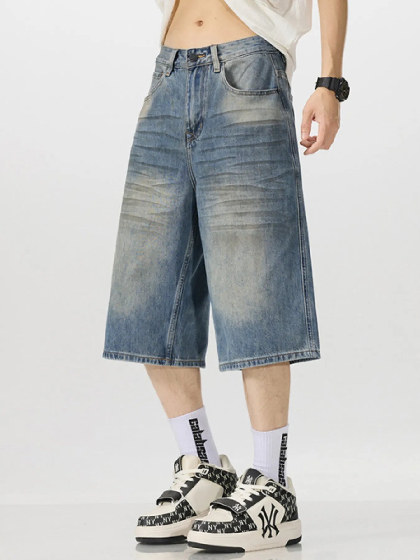 Blue wide leg capri jeans vintage wash 7/8 length men's S-2XL