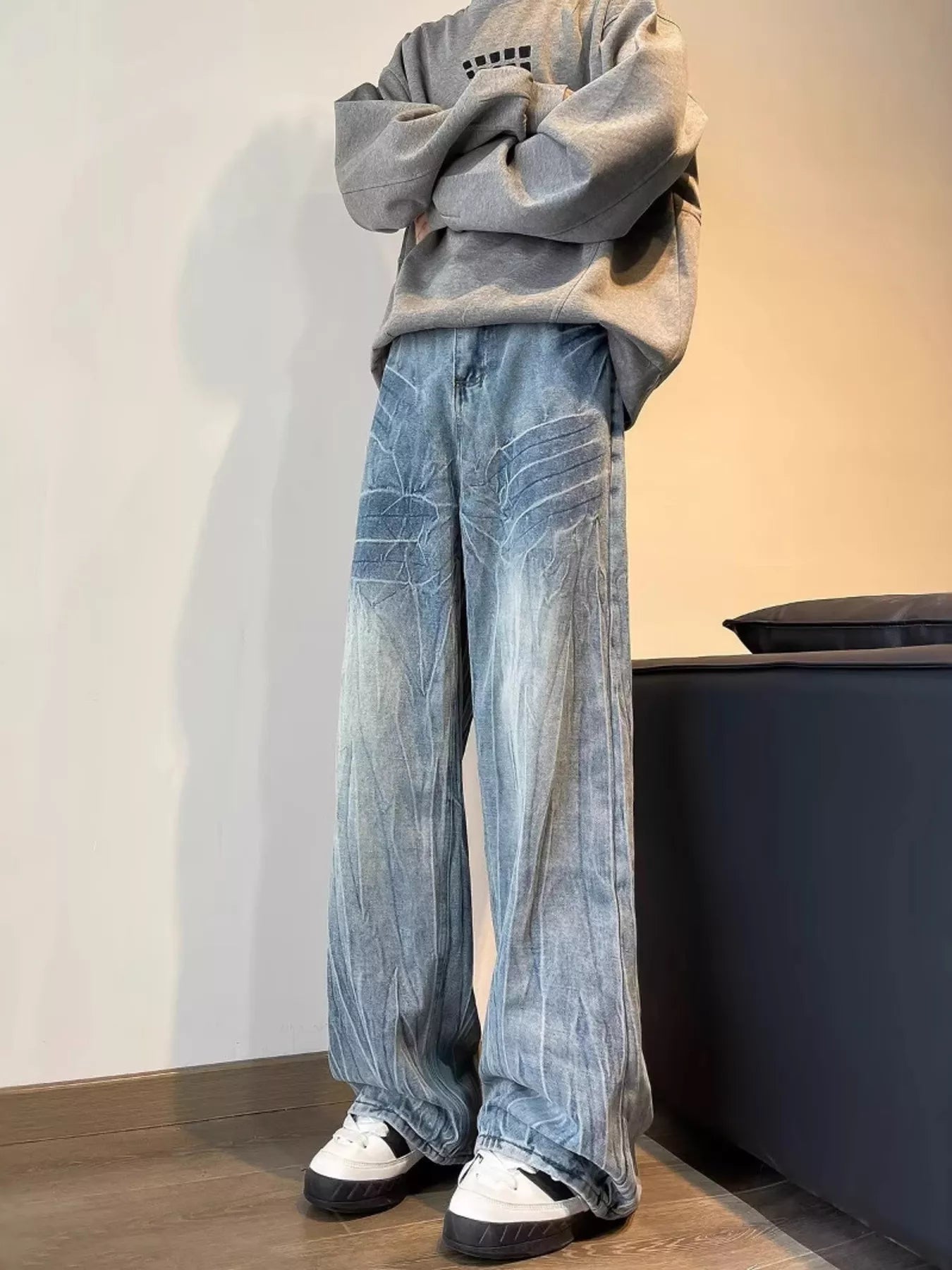 Blue wide leg jeans vintage Cat's Whisker detail plus size S-2XL