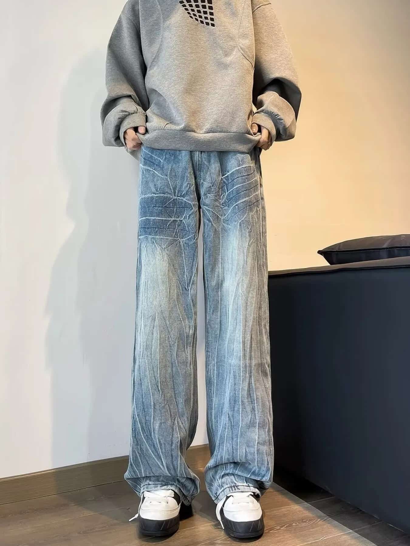 Blue wide leg jeans vintage Cat's Whisker detail plus size S-2XL