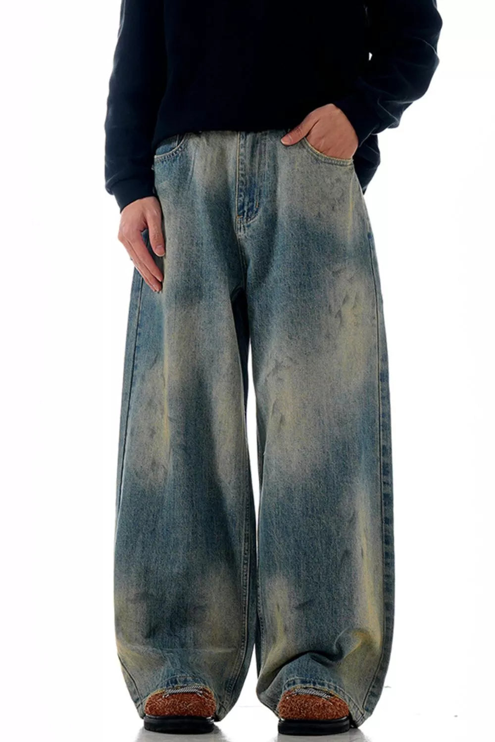 Blue wide leg jeans men's vintage wash denim S-2XL