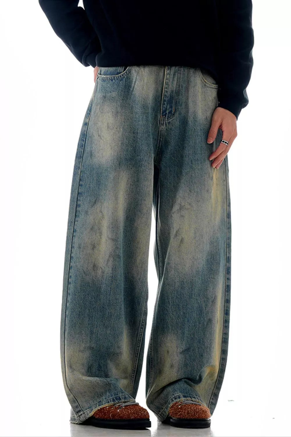 Blue wide leg jeans men's vintage wash denim S-2XL