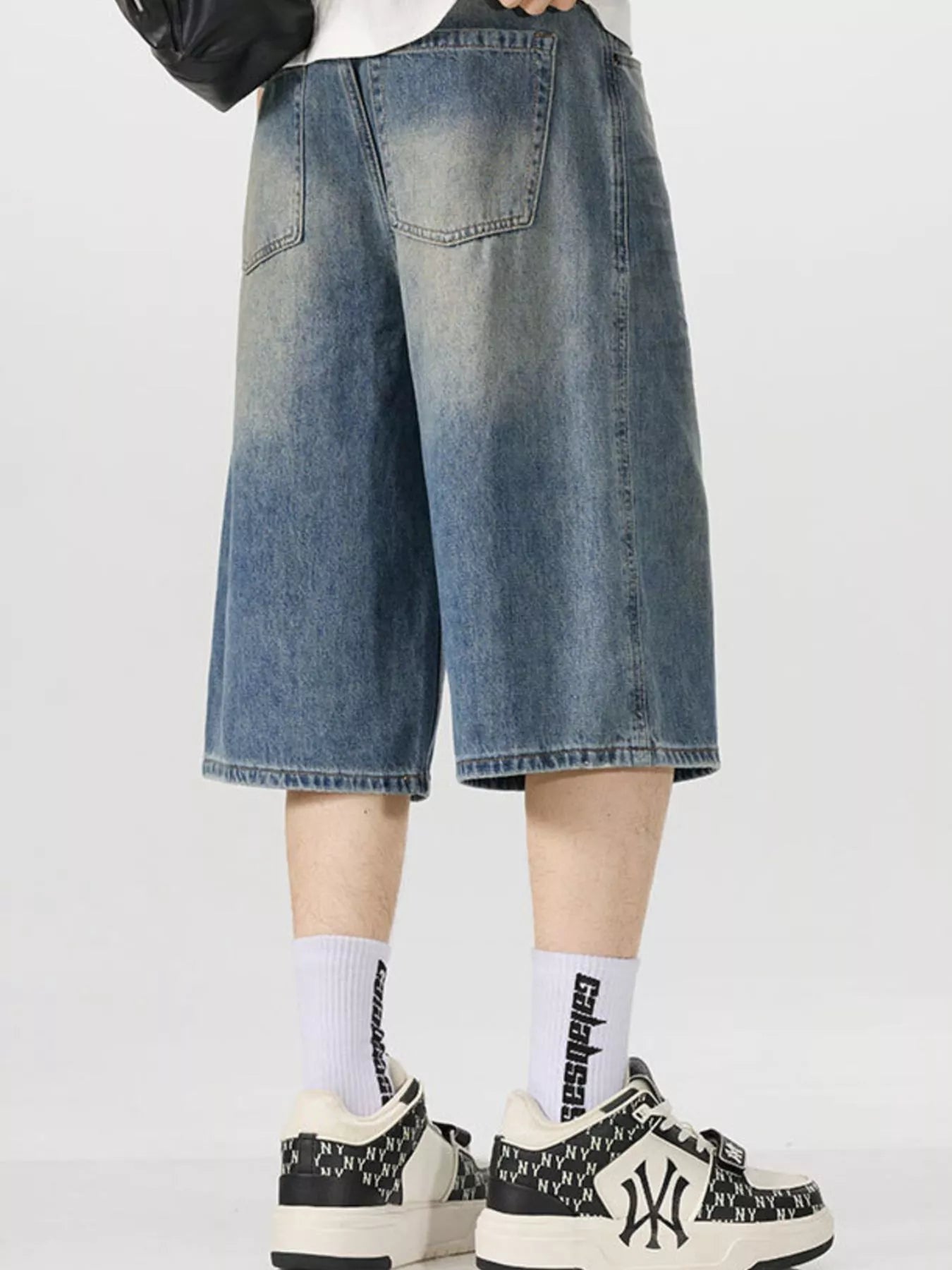 Blue wide leg capri jeans vintage wash 7/8 length men's S-2XL