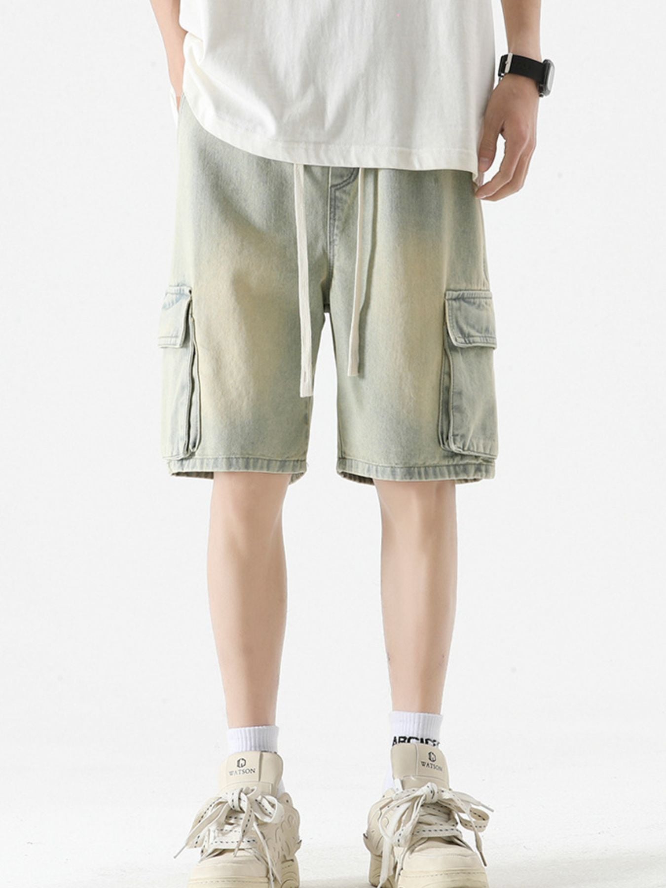 Premium cargo denim shorts for men vintage wash plus size S-3XL