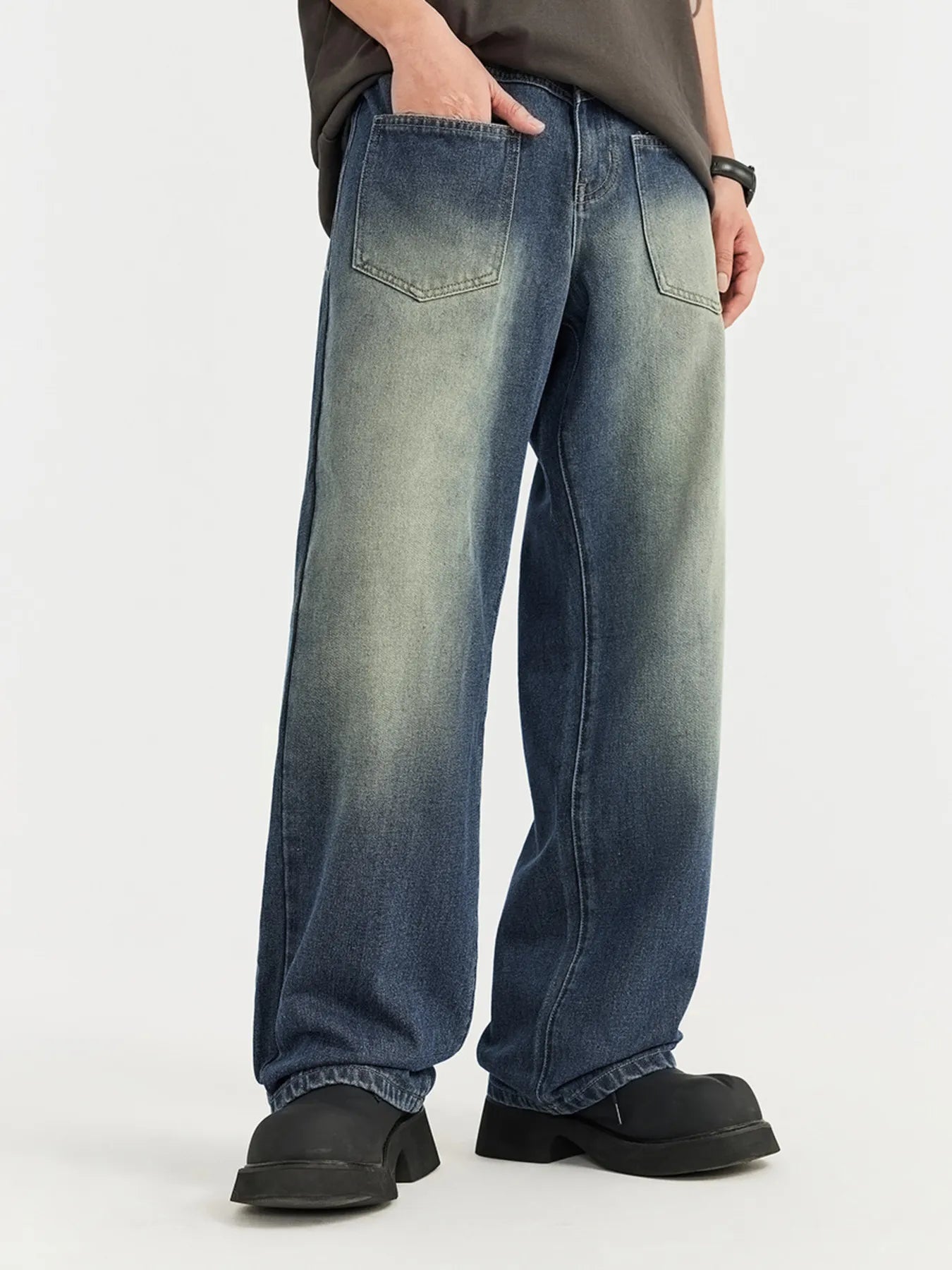 Dark wide leg jeans vintage blue wash men's slim waist S-XL