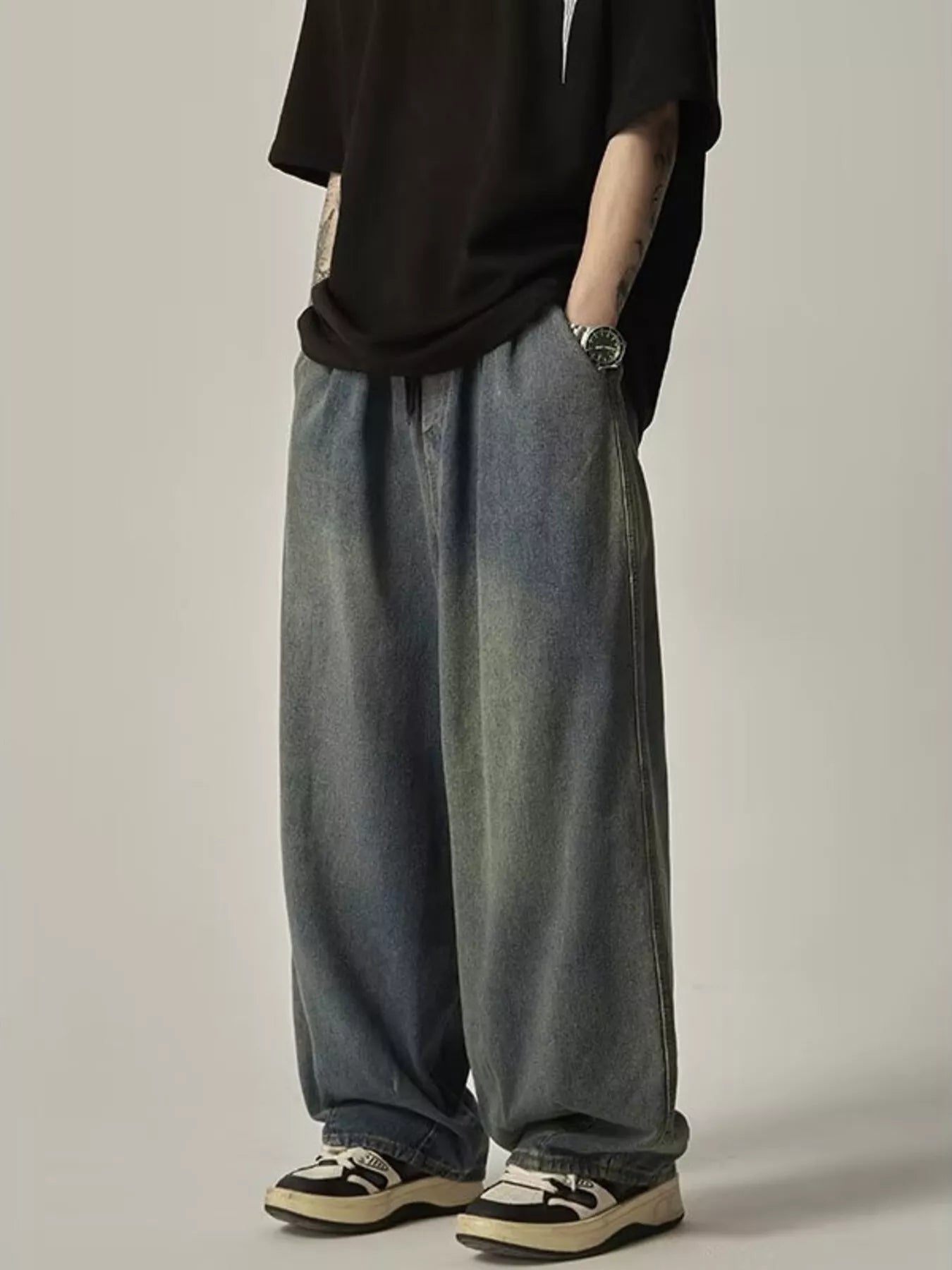 Drawstring wide leg jeans men plus size vintage denim M-3XL