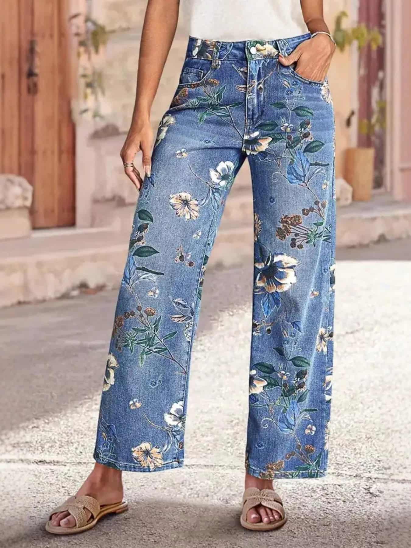 Floral jeans womens pocketed wide leg denim