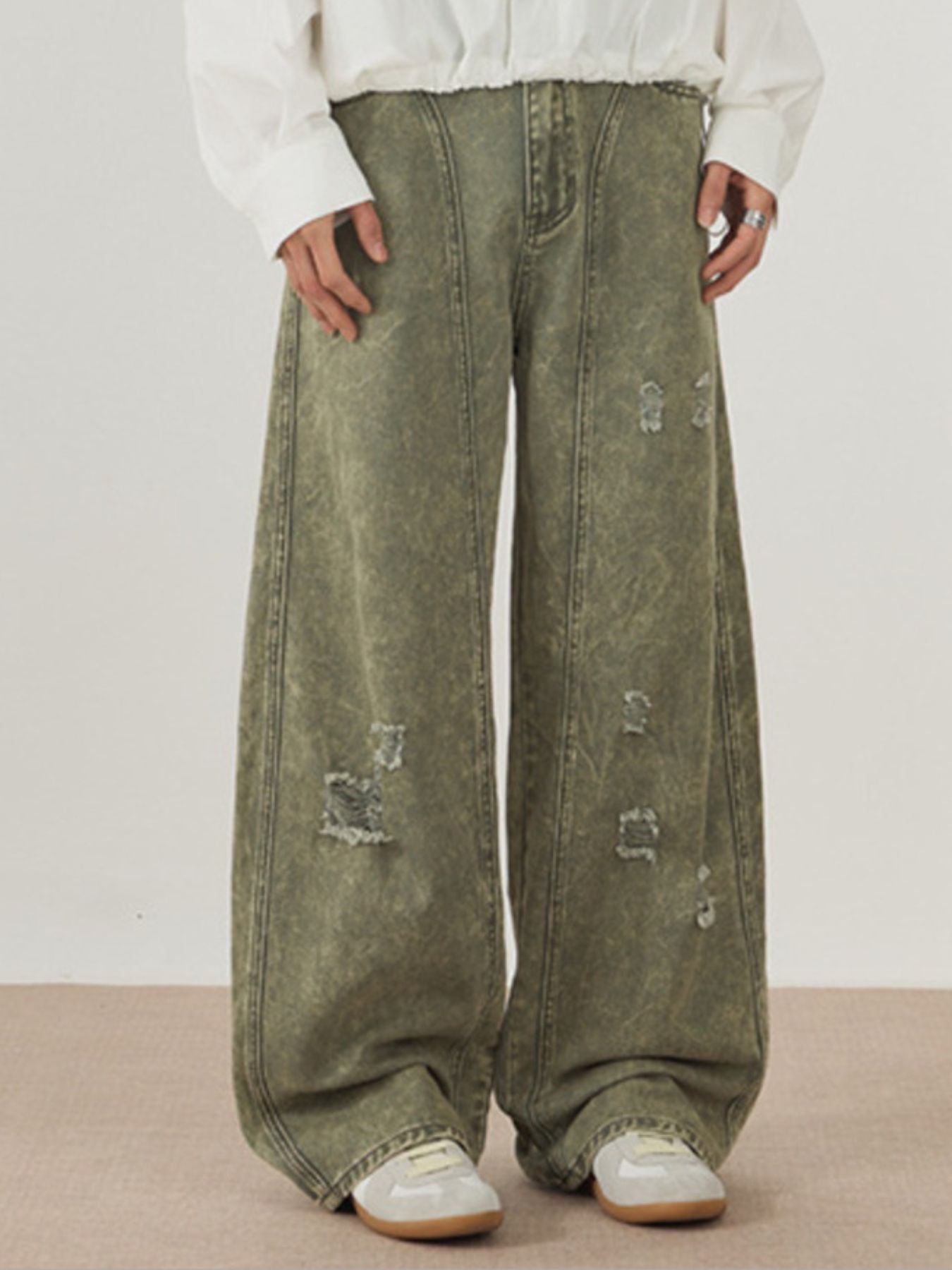Green wide leg jeans men distressed 100% cotton denim XS-XL