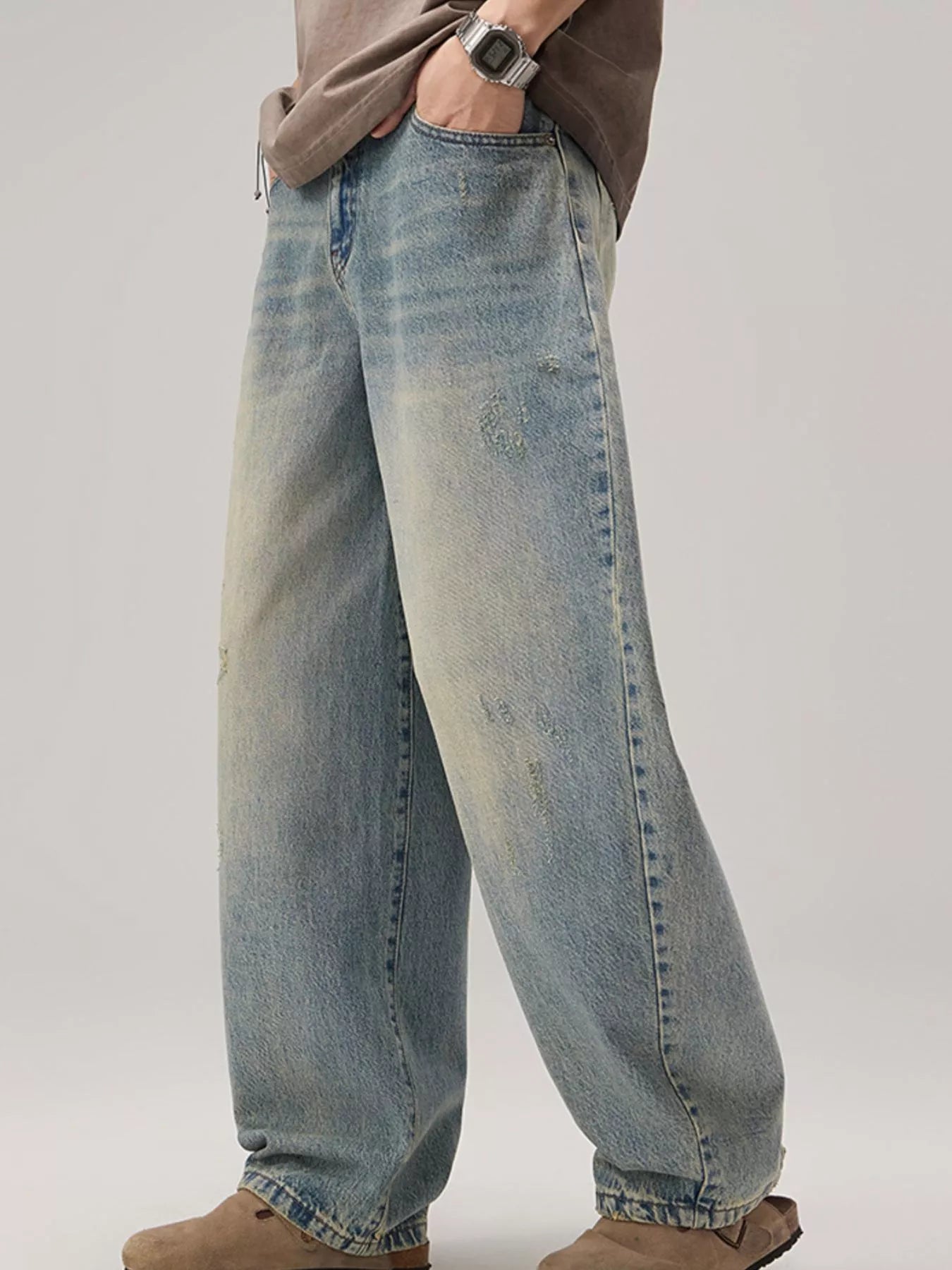 High waisted denim jeans flare oversized vintage wash men's S-2XL