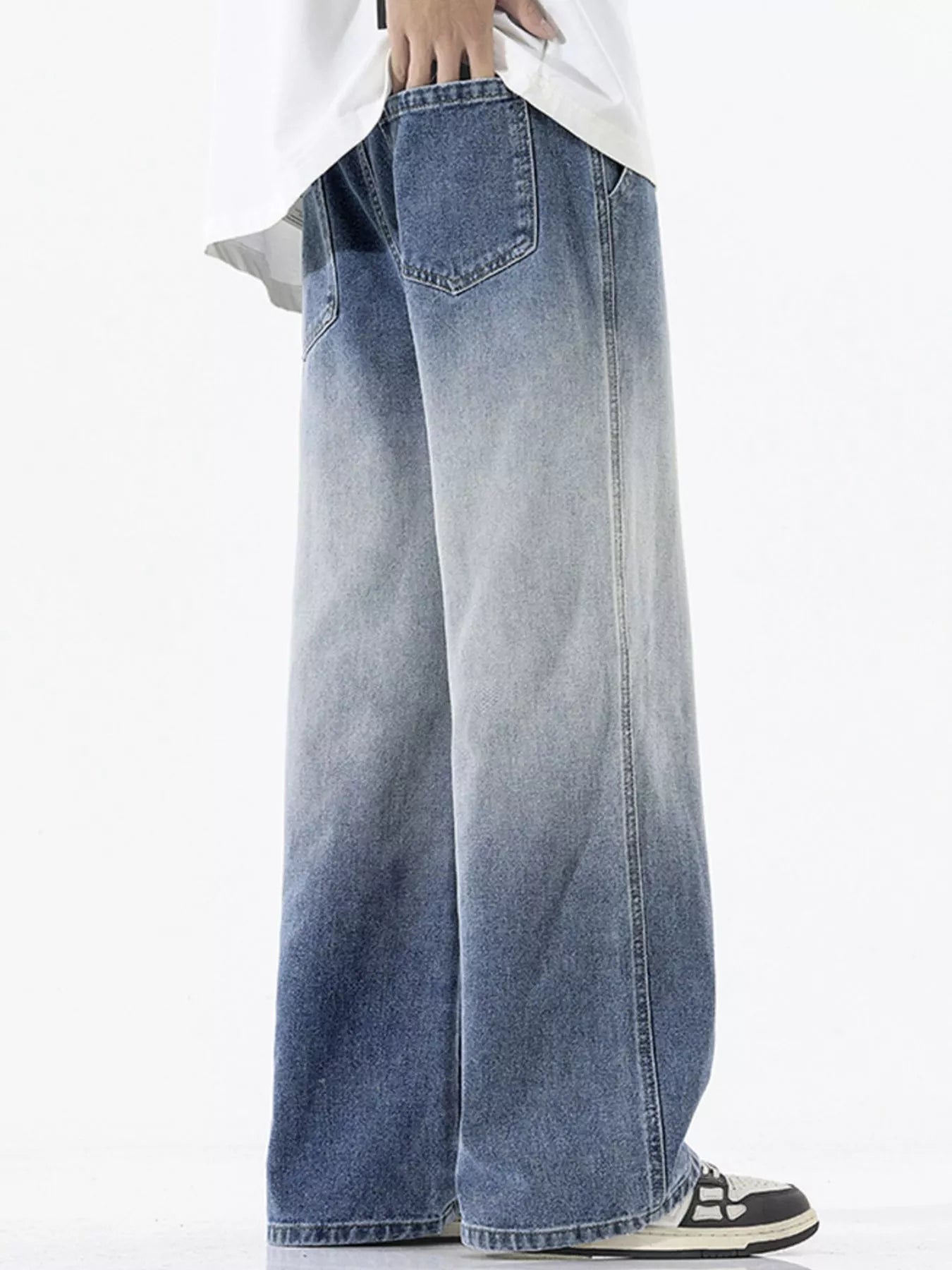 Jeans for men torn gradient wash wide leg drawstring plus size S-3XL