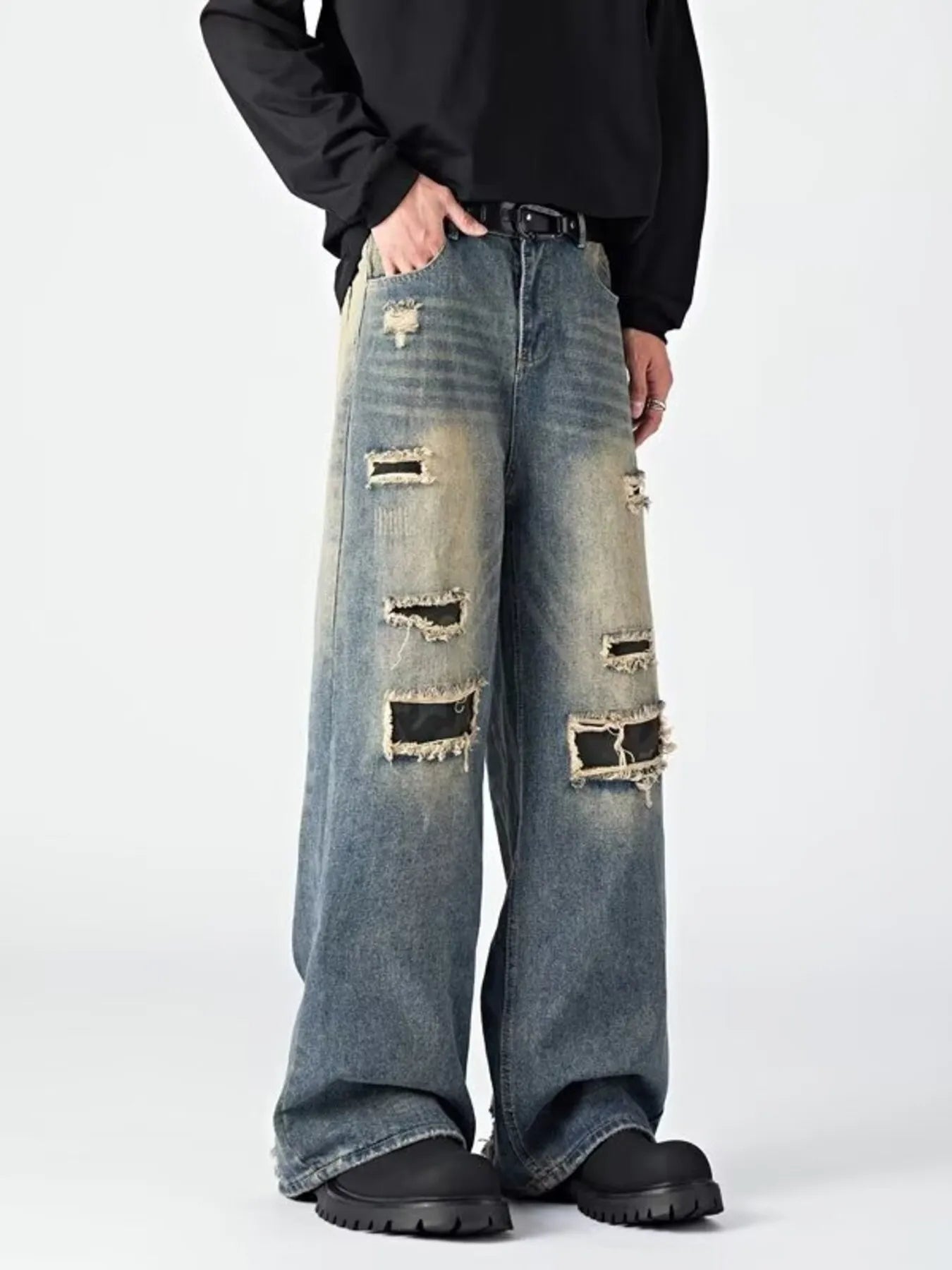 Jeans loose fit for men ripped wide leg denim S-2XL