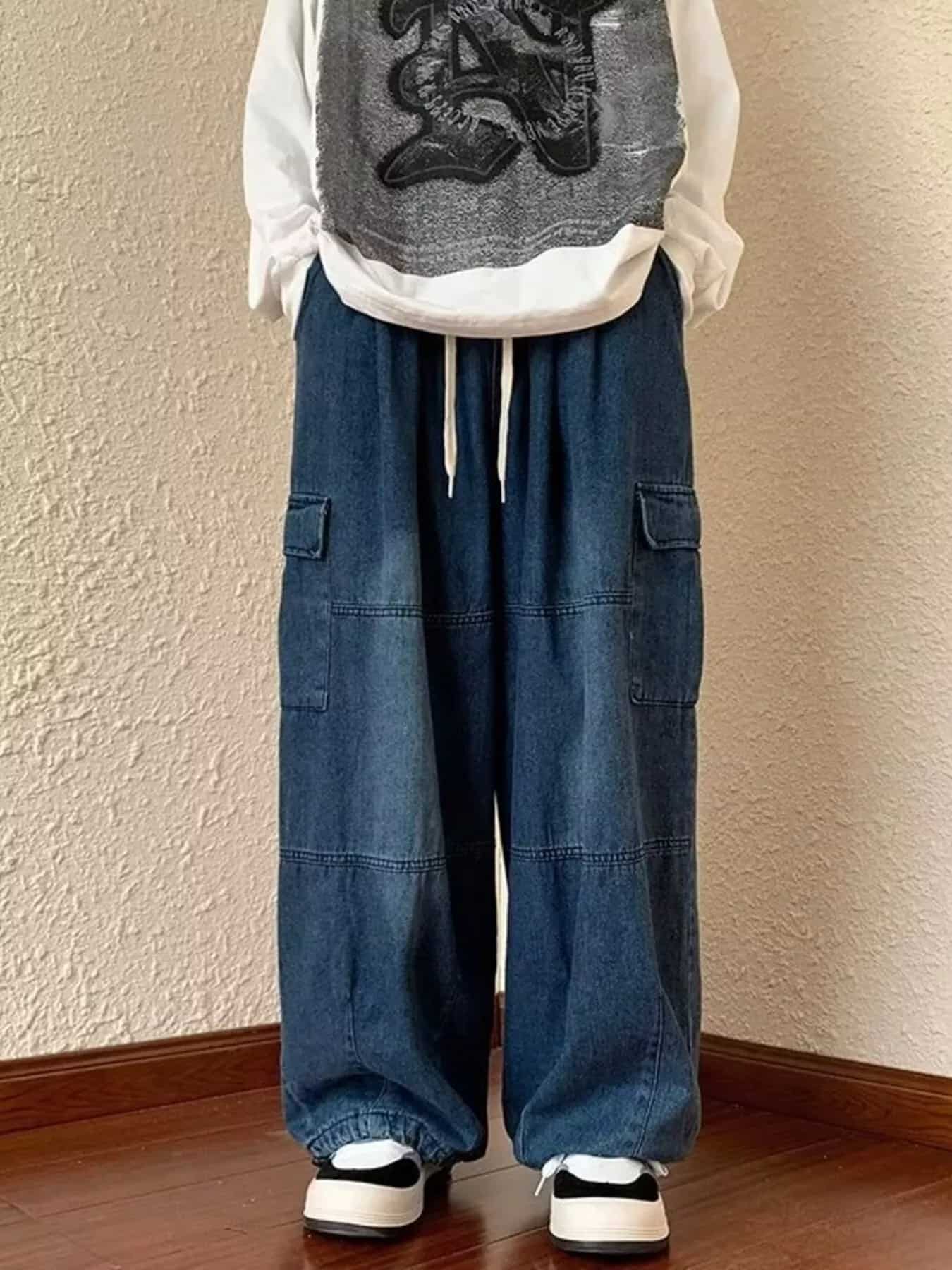 Mens cargo jeans dark wash plus size loose fit S-2XL