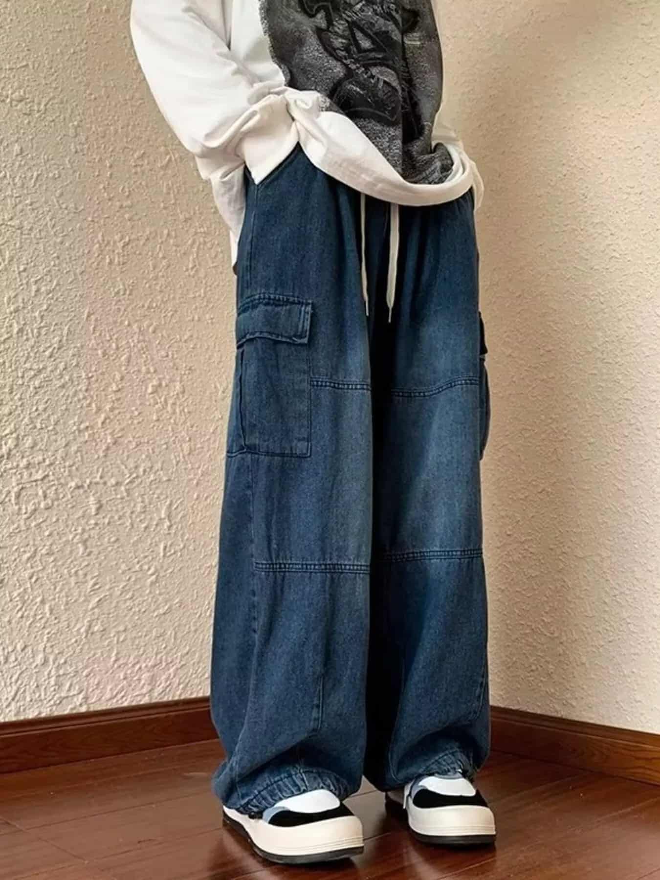 Mens cargo jeans dark wash plus size loose fit S-2XL