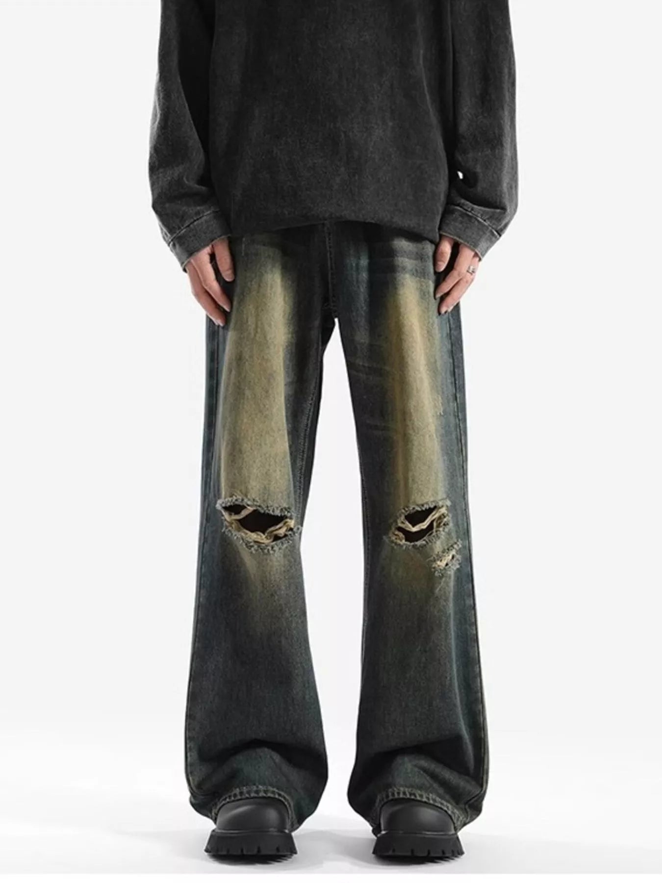 Mens distressed jeans plus size wide leg denim S-2XL