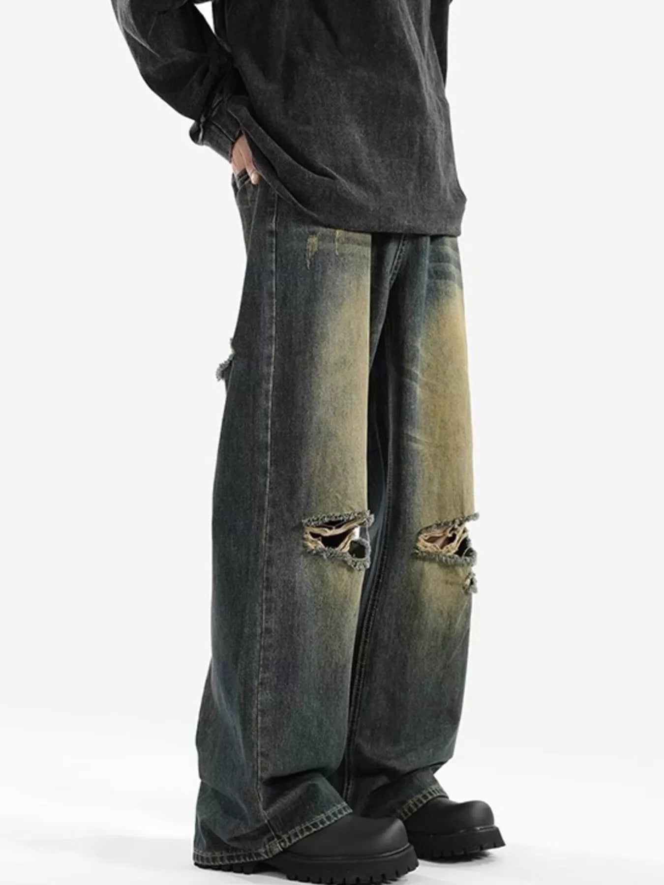 Mens distressed jeans plus size wide leg denim S-2XL