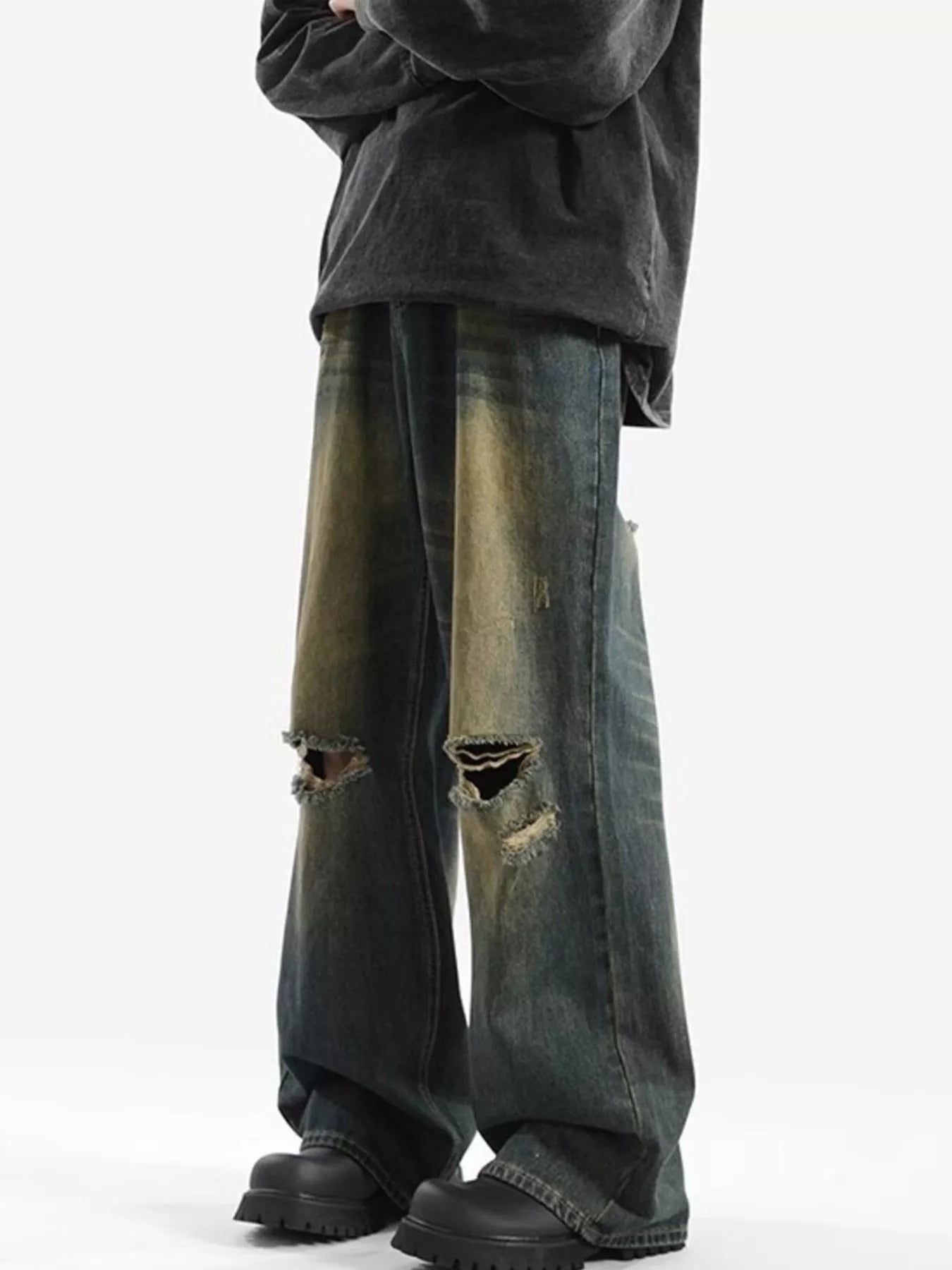 Mens distressed jeans plus size wide leg denim S-2XL
