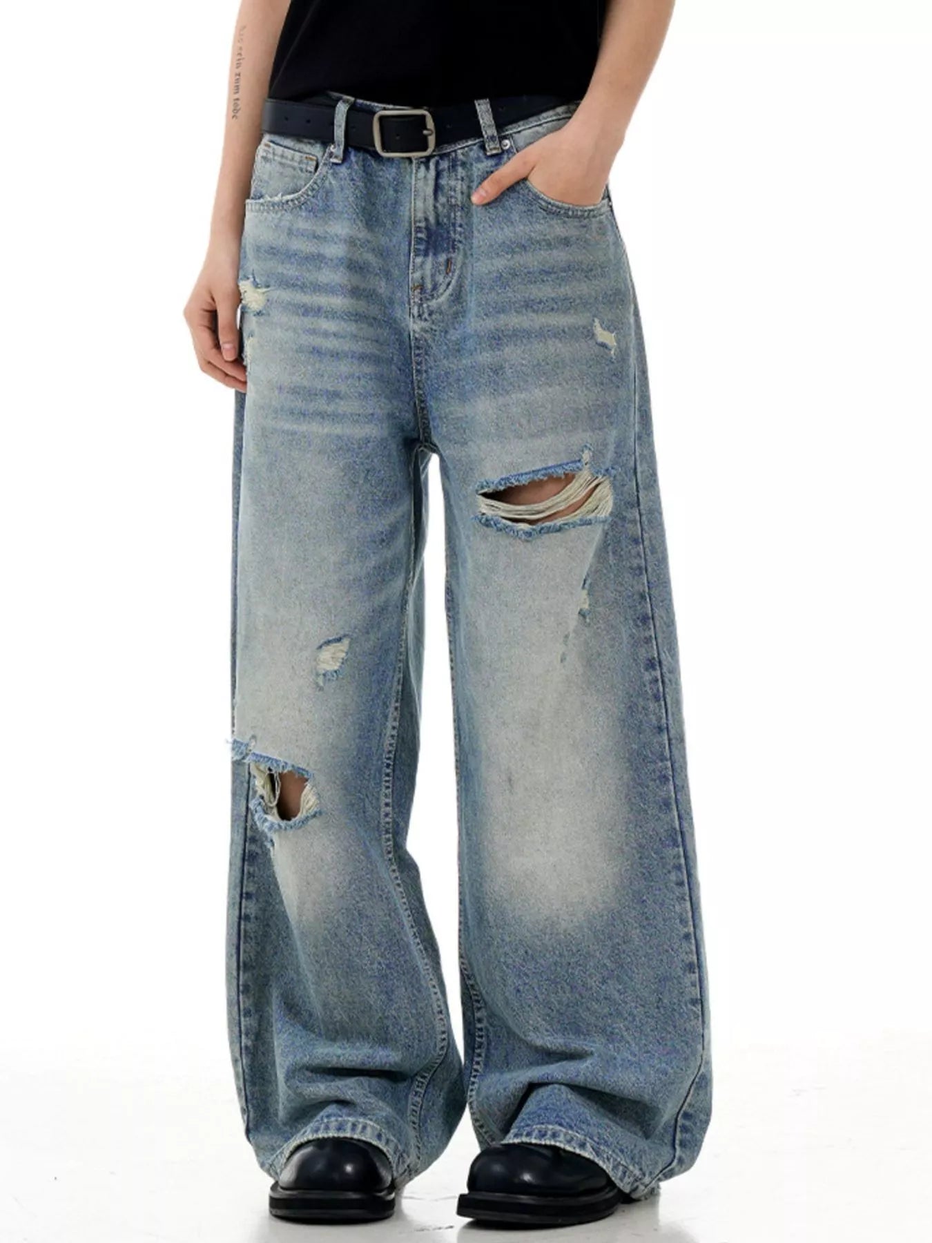 Mens ripped denim jeans Washed Blue distressed wide leg S-2XL