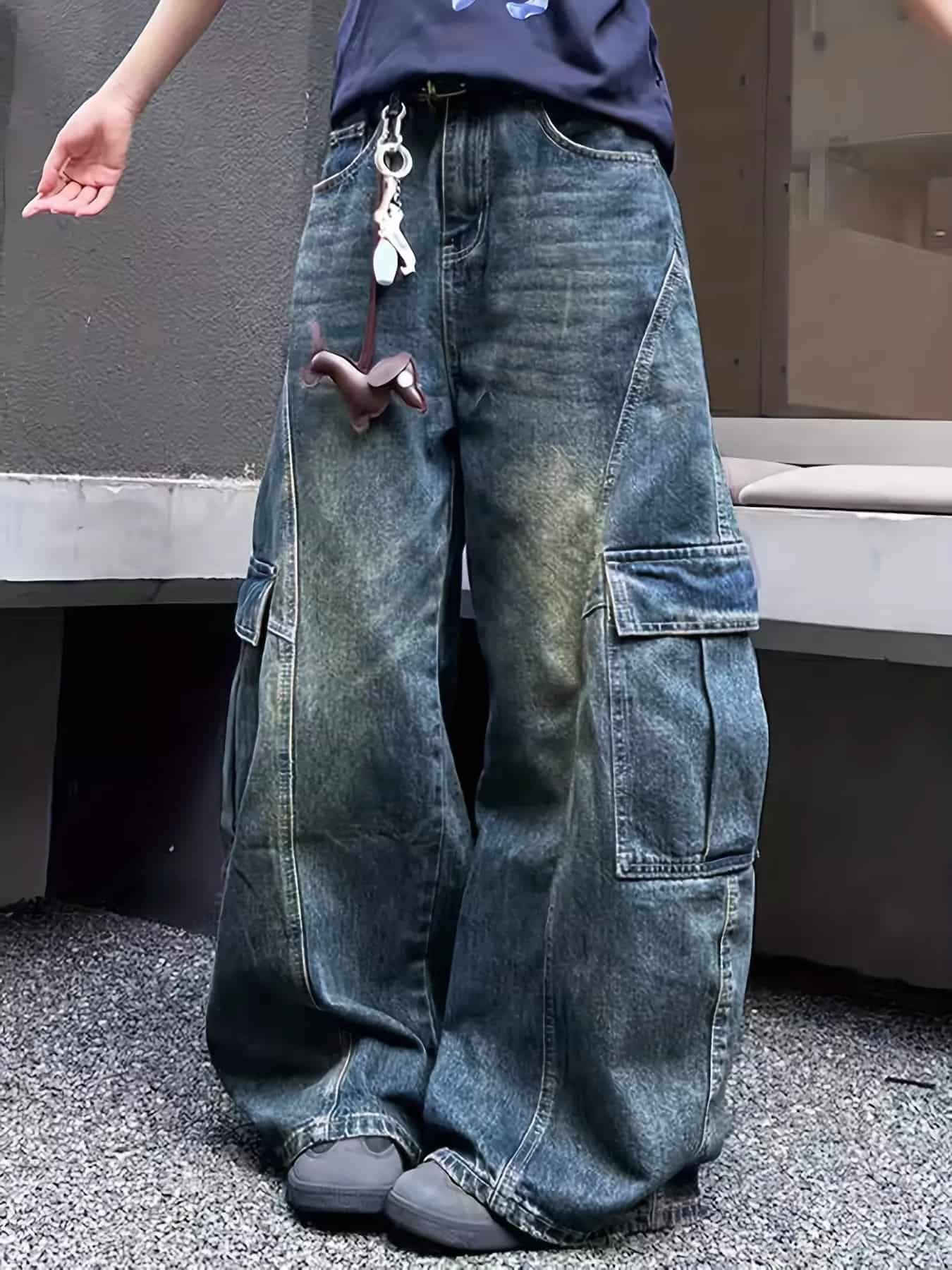 Wide leg cargo jeans men's vintage wash pocketed S-2XL